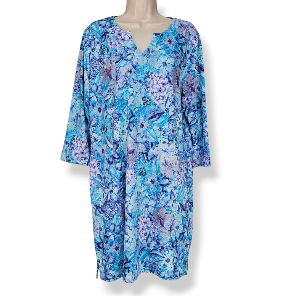 Lightbare UPF 50+ Summer Beach Dress Watercolor Bloom Blue Floral Pockets Sz L